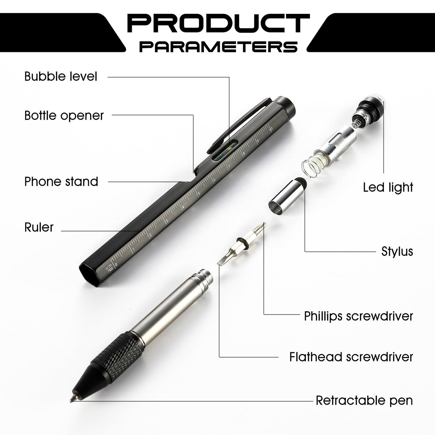Christmas Gifts Stocking Stuffers for Men,Multitool Pen 9 in 1 Innovative Gift for Men,with LED Light,Ruler, Stylus,Bubble Level,Screwdrivers,Unique Gifts Gadgets for Him,Boyfriend,Husband