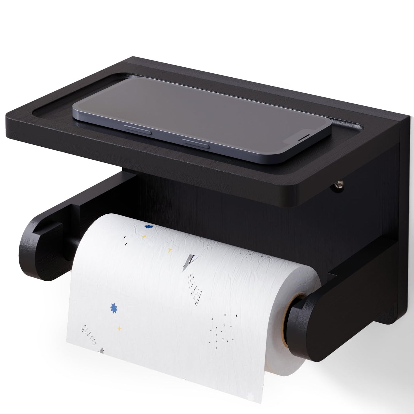 VERTORGAN Toilet Paper Holder with Phone Shelf,Bamboo Wall Mounted Tissue Roll Holder for Bathroom(Black)