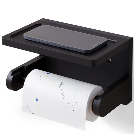 VERTORGAN Toilet Paper Holder with Phone Shelf,Bamboo Wall Mounted Tissue Roll Holder for Bathroom(Black)