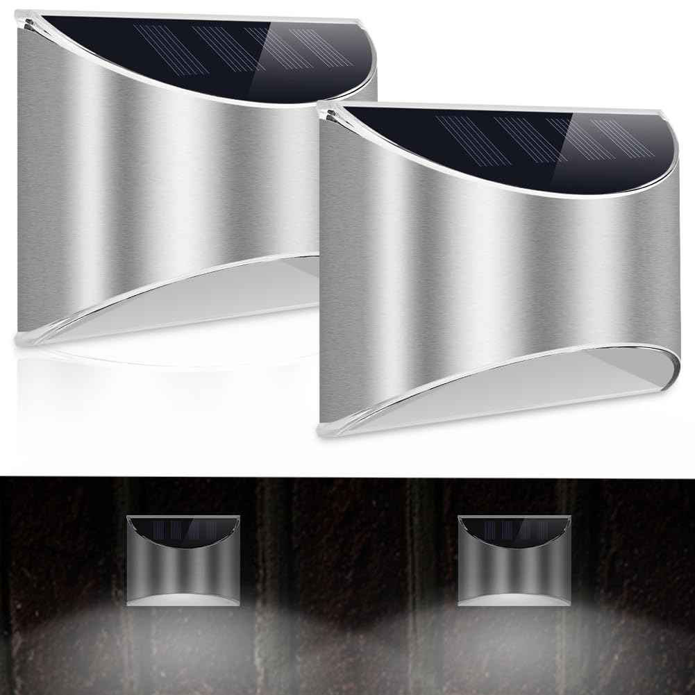 LeiDrail Solar Fence Lights Outdoor Deck Fence Stair Cold White Lights Sun Powered LED Illuminated Landscape Lighting Waterproof for House Yard Garden Post Silver - 2 Pack