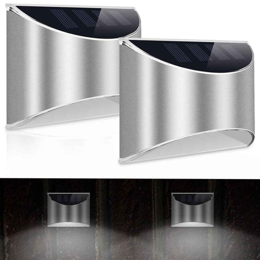 LeiDrail Solar Fence Lights Outdoor Deck Fence Stair Cold White Lights Sun Powered LED Illuminated Landscape Lighting Waterproof for House Yard Garden Post Silver - 2 Pack