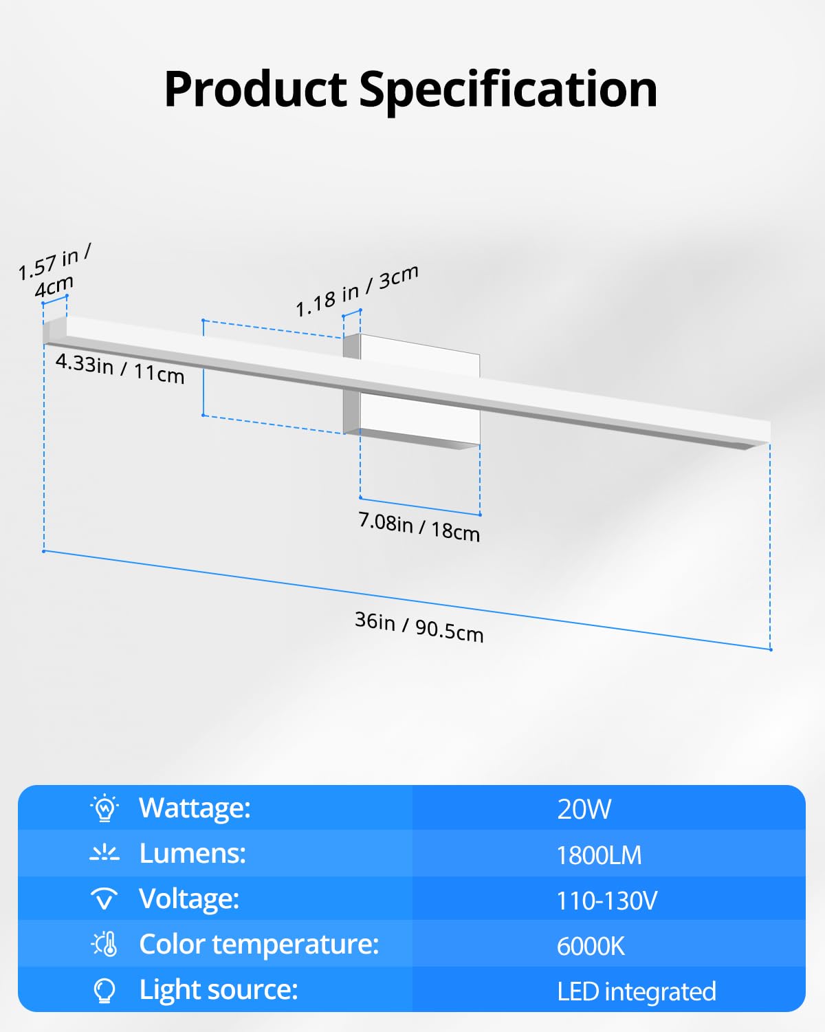 Combuh LED Vanity Lights Bar 36 Inch, 20W Bathroom Light Fixtures Over Mirror, IP44 Indoor Wall Mounted Sconces Modern for Washroom, Cool White 6000K