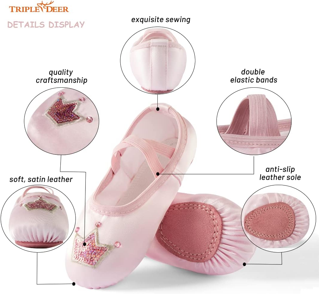 Triple Deer Ballet Shoes for Girls - Soft Leather Split Sole Dance Slippers | Toddler to Big Kid Sizes