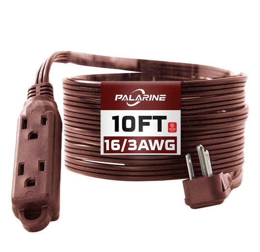 PALARINE Flat Plug Extension Cord with 3 Outlets Extender, Power Strip Multiple Outlets, Indoor Extension Cord 16 Gauge 10FT Brown 3 Prong, 16/3 SPT-3 13A, UL Listed
