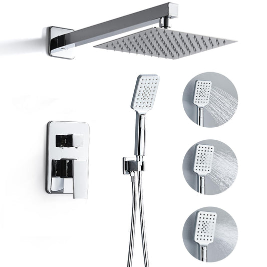 RTOBWEYE 8 Inch Shower Faucet Set, Rainfall Shower System with High Pressure Handheld Shower Head, Bathroom Mixer Wall Mounted Shower Faucet Rough-in Valve and Trim Kit, Polish Chrome, with 3-Setting