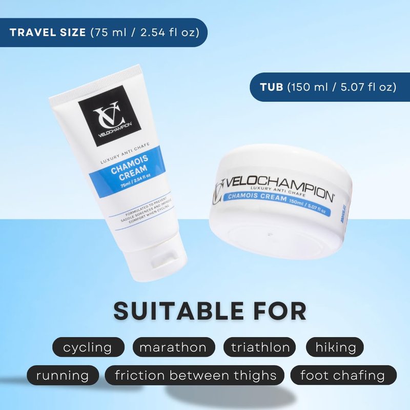VeloChampion Luxury Chamois Cream | Vegan Anti Chafing Cream for Men and Women | For Cycling, Running, Triathlon and Thigh Rub (5.0 Fl Oz) Fragrance Free