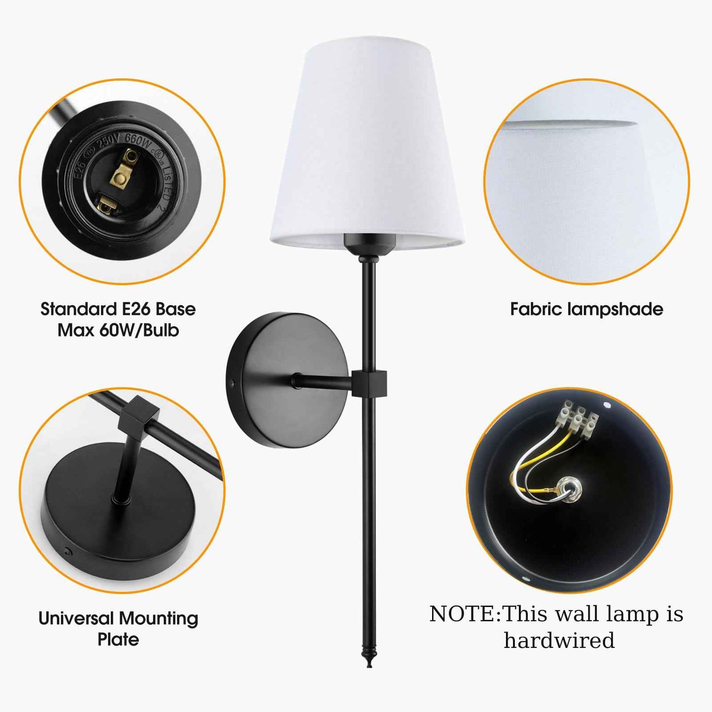 Wall Sconces Sets of 2, Retro Industrial Wall Lamps, Vanity Sconces Wall Lighting with White Fabric Shades, Wall Lights Suitable for Bathroom Bedroom Living Room Kitchen(Black)