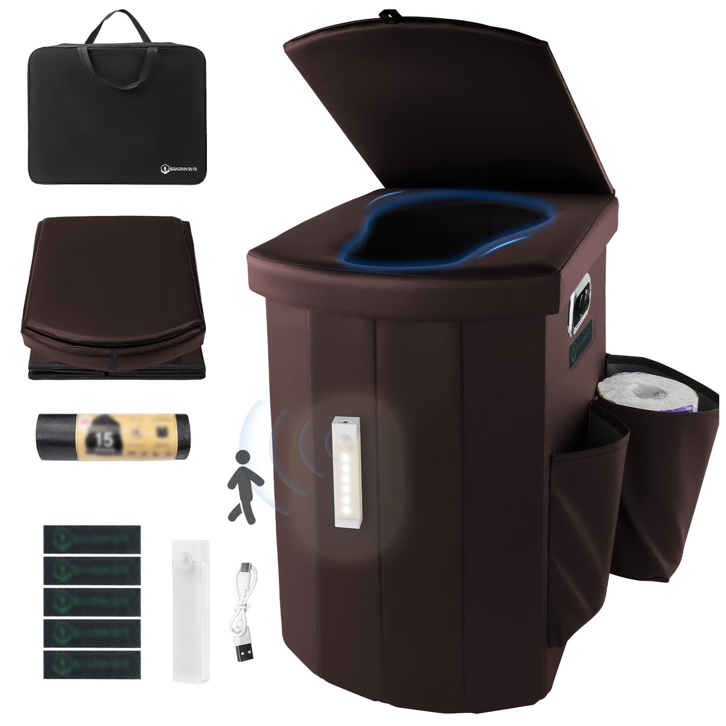 Brarvagur Upgrade XXL Portable Toilet Camping for Adults,17.5" Foldable Camping Toilet Portable, Portative Travel Toilet with Night Sensor Light,Aroma Patch,Handbag for Hiking, Car, Boat, Tent (Back)