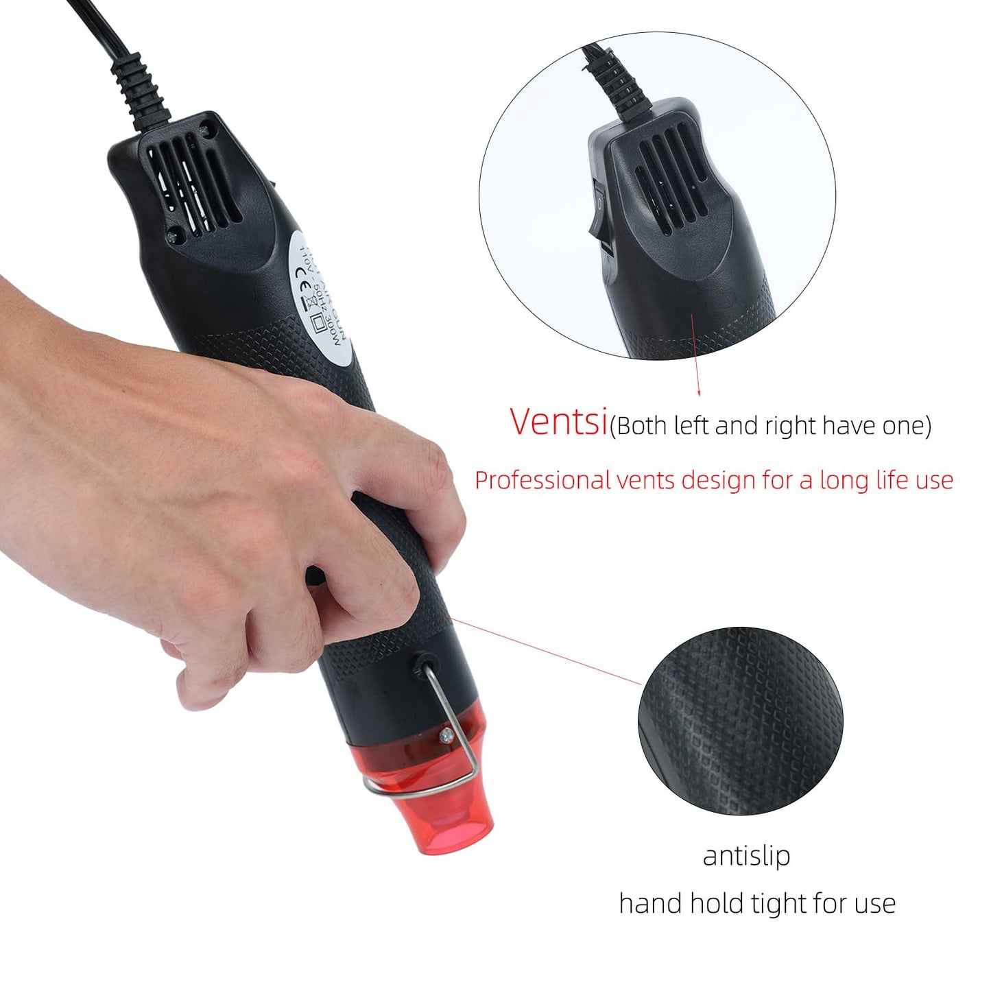 VortecSys Heat Gun for Crafting, 110V 300W Handed Hot Air Gun, 3.28FT Ultra-Long Cable Portable Heat Gun with Stand and Power Cord for Shrinking Wrapping PVC, DIY Embossing and Drying Paint (Black)