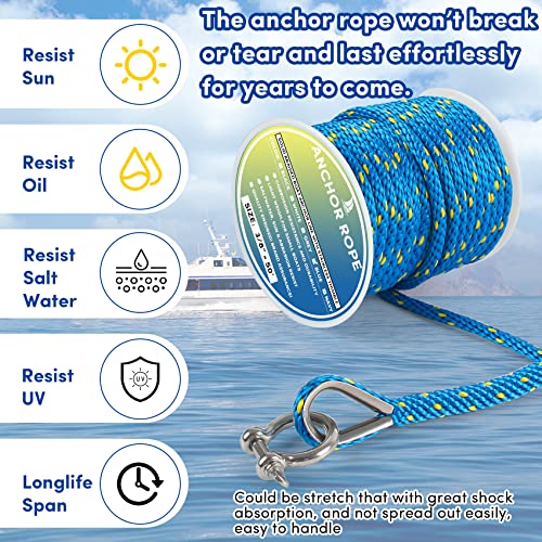 VEITHI 50 ft Blue/Yellow 3/8 Inch Marine Anchor Rope Solid Braid MFP with Thimble & Shackle