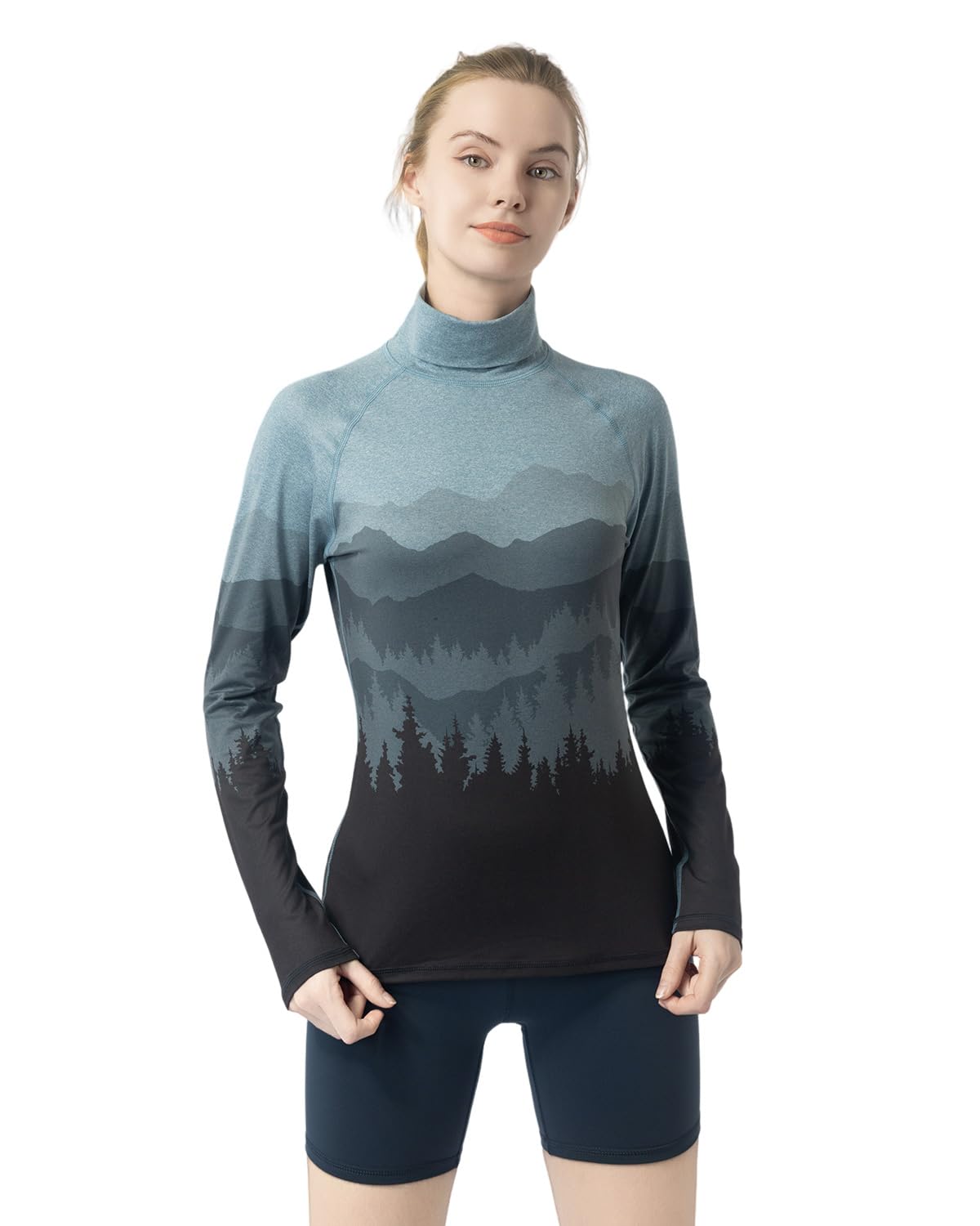 Leapstride Women's Slim Fit Turtleneck Performance Base Layer Long Sleeve Top with Placement Printed Mountain & Forest Design, Moisture - Wicking Super Soft CloudTouch Fabric