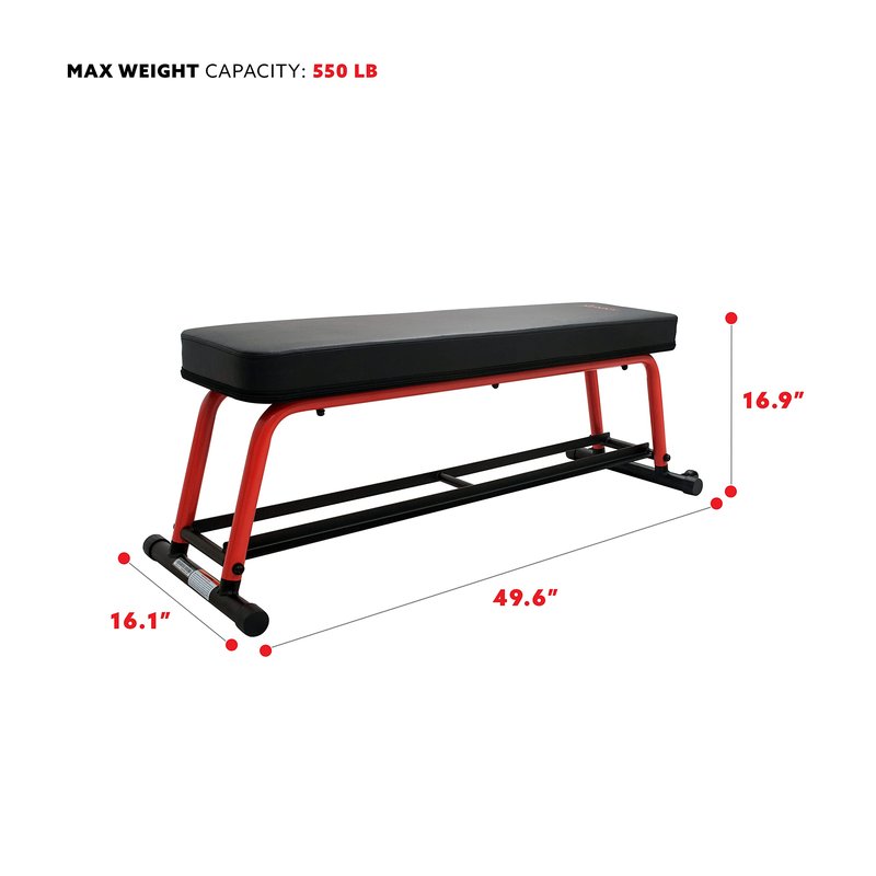 Sunny Health & Fitness Power Zone Strength Flat Bench with Dumbbell Rack and Transport Wheels - SF-BH6996, Black