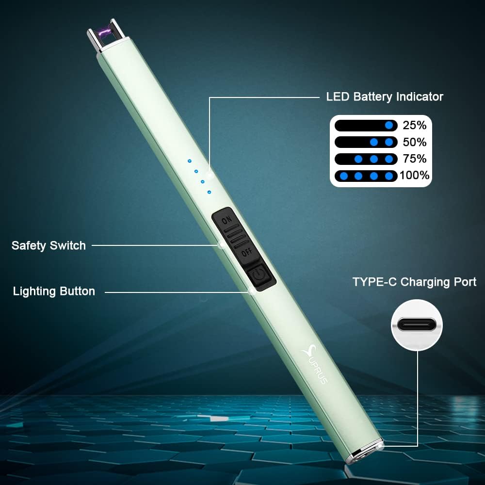 SUPRUS Electric Arc Lighter - Rechargeable Windproof USB Lighter with Safety Lock | Green, 3-Pack