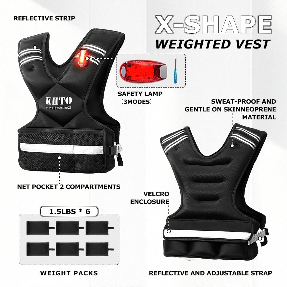 KHTO Adjustable Weighted Vest for Men and Women – X Shaped Weight Vest with Warning Light, Reflective Strip – Weighted Walking Vest Strength Training Weight Vests for Home, Gym (11-20lb)