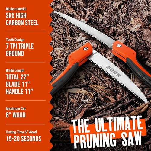 11 Inch Orange Folding Pruning Saw with Triple-Cut SK5 Blade - Heavy Duty Tree & Wood Cutting Tool