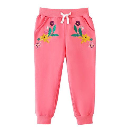 HILEELANG Toddler Girls Cotton Joggers Sweatpants Floral Embroidery Drawstring Waist and Pockets-Pink Blue Casual Athletic Pants for Kids 3Y