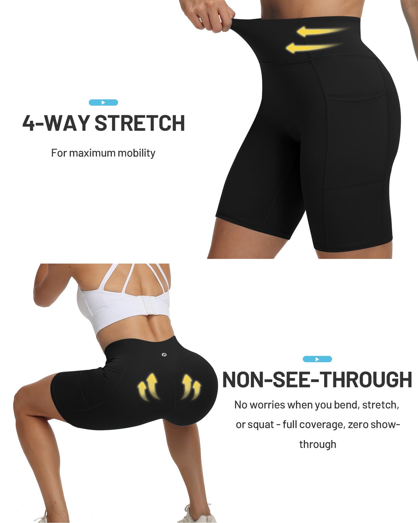 Moozava Biker Shorts with Pockets for Women 8" Spandex Shorts Women High Waist Athletic Compression Gym Workout Yoga Running Bike Black L