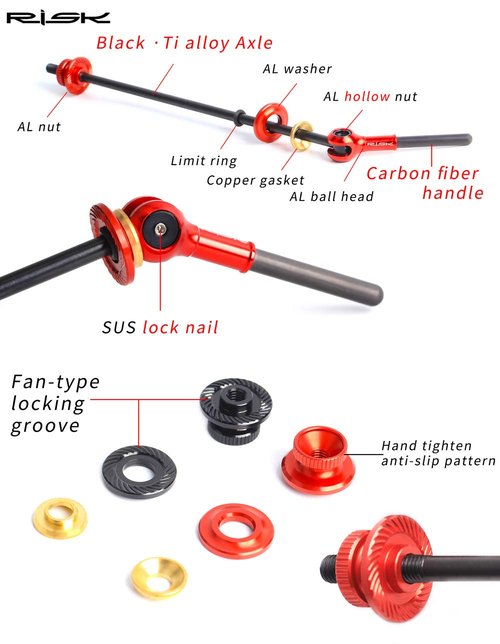 40.35g! CYCEARTH Titanium Bicycle QR Skewer Lever MTB Road Bike Wheel Hub Ultralight Ti-Axis Carbon Fiber Handle Quick Release Skewer (Red)