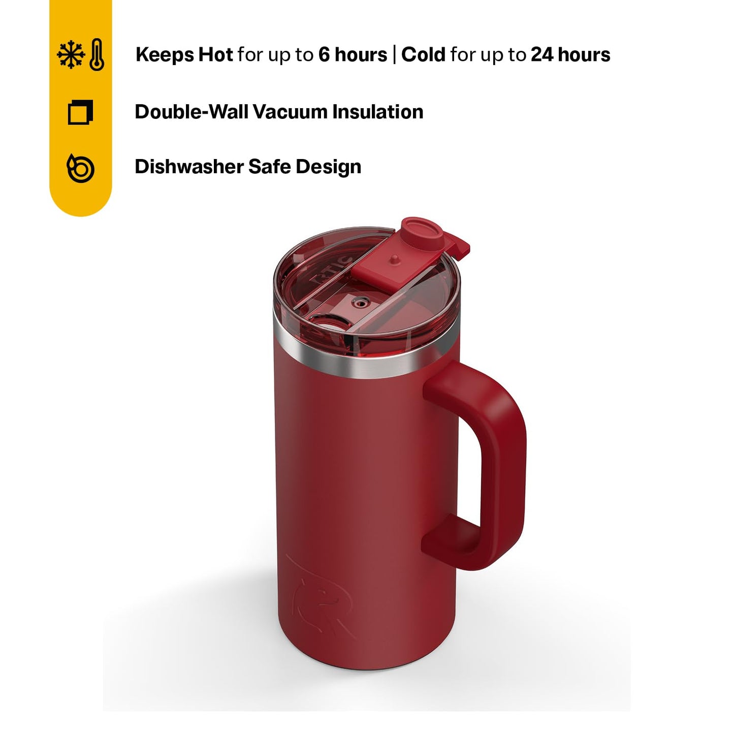 RTIC 16oz Road Trip Travel Mug with Lid and Handle, Insulated, Stainless Steel, Metal, Double Wall Vacuum-Insulation, Ceramic Lined, Portable Coffee, Tea Cup for Hot and Cold Drink, Black Cherry