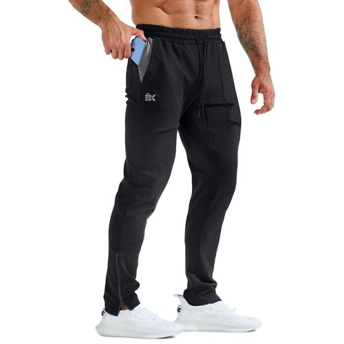 BROKIG Mens ZeroArmor Workout Running Jogger Sweatpants,Stretch Double Ankle Zipper Gym Pants Fitted Sweat Pants Pocket (Large, Black)