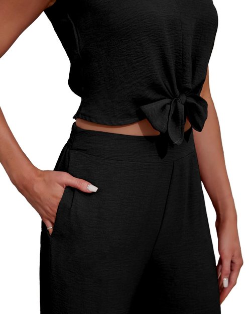 Tanou Womens Casual Summer 2 Piece Sets V Neck Cap Sleeve Strappy Top Elastic Wide Leg Pant Sets Dressy Outfits with Pockets