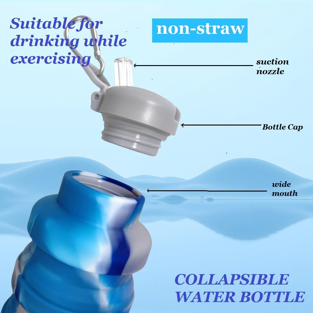 Skiennix Collapsible Water Bottles - BPA-Free Silicone Travel Bottles | 2-Pack, Lightweight & Portable (Black & Aqua Blue)