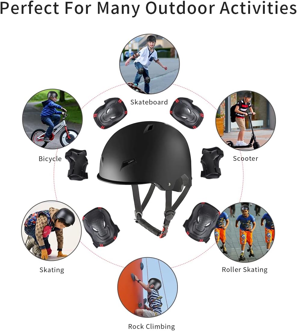 Skiennix Skateboard Helmet Set - Adjustable Protective Gear with Knee, Elbow Pads & Wrist Guards for Teens