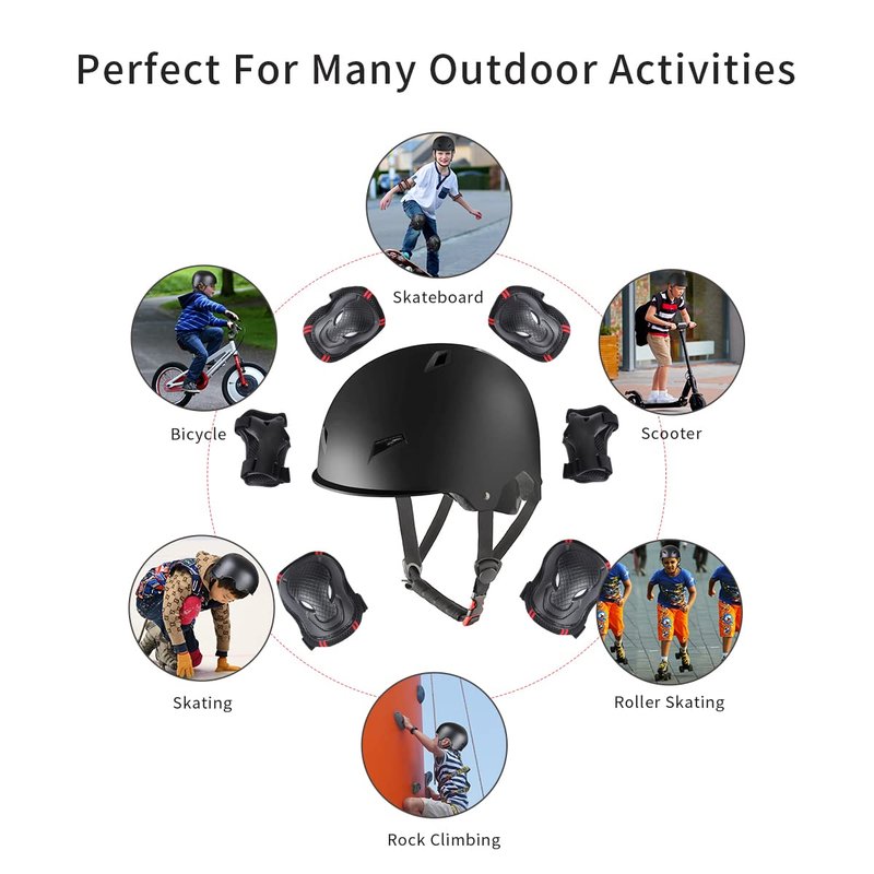 Skateboard Bike Helmet for Adults Adjustable Knee Elbow Pads Wrist Guards Protective Gear Helmets Set Teens for Bicycle Cycling Skate Scooter Bicycle Helmet