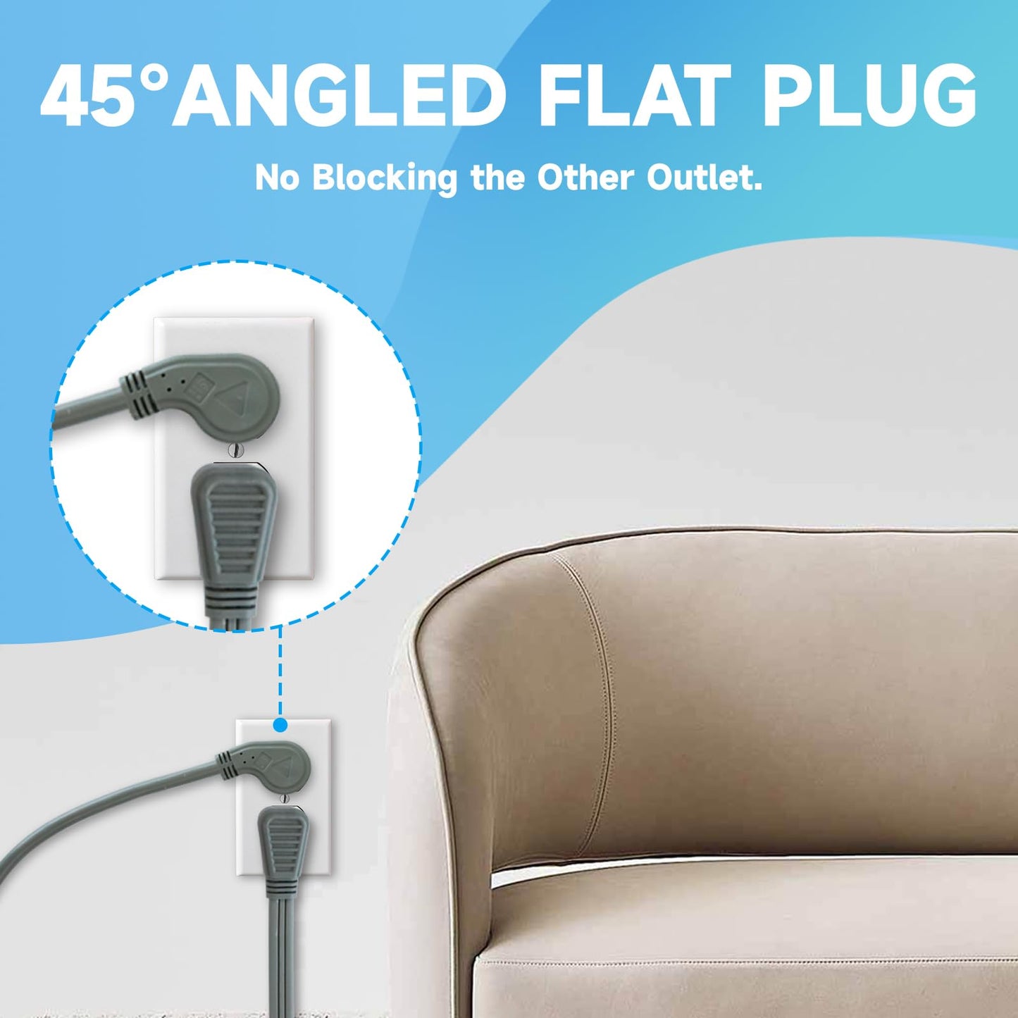 GREATIDE 15 Ft Flat Plug Extension Cord，16/3 SJT Indoor Low Profile 3 Outlets Extension Cable with 45° Angled Flat Plug, Multiple Outlets Extension Cord, Grey