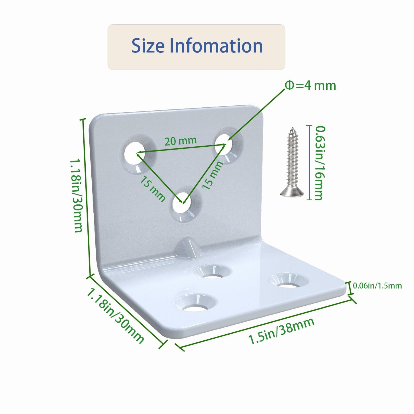 White Stainless Steel Corner Bracket,Joint Right Angle Bracket,L Shape Heavy Duty Metal Corner Brace Hardware Brackets Supporter for Wood Aufuga (16, 1.5x1.2x1.2inch)
