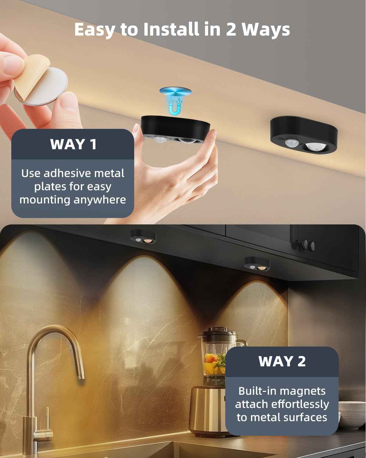 Yiliaw LED Motion Sensor Puck Lights Indoor, Small Rechargeable Under Cabinet Lighting, Dimmable Warm White Closet Lights, Stick on Wireless Night Light for Drawer, Shelf, Kitchen, Black (3 Pack)