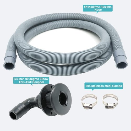 Marine Bilge Pump Hose - 3/4 Inch Plumbing Kit with 90-Degree Elbow & Stainless Steel Clamps | 5 FT Long