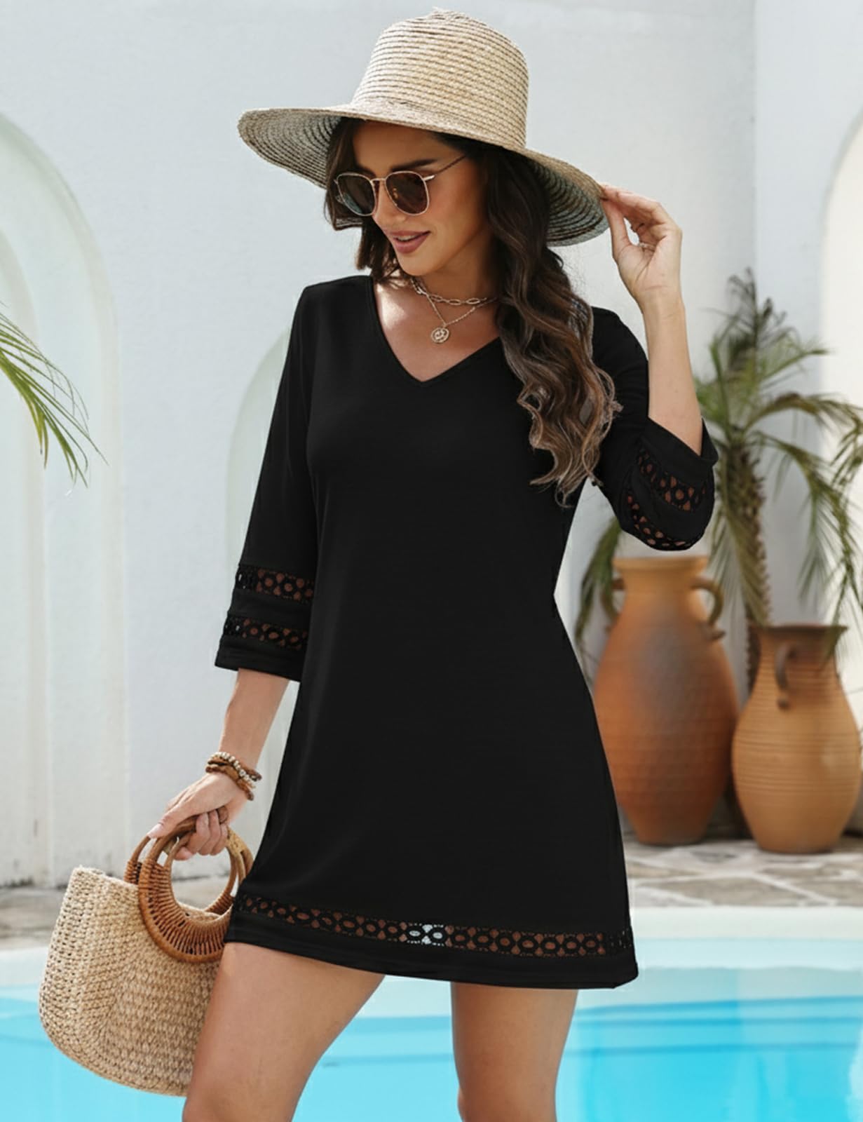 VIMPUNEC Summer Swimsuit Coverup for Women Bathing Suit Cover Up Casual Beach Dress Shirts Black L