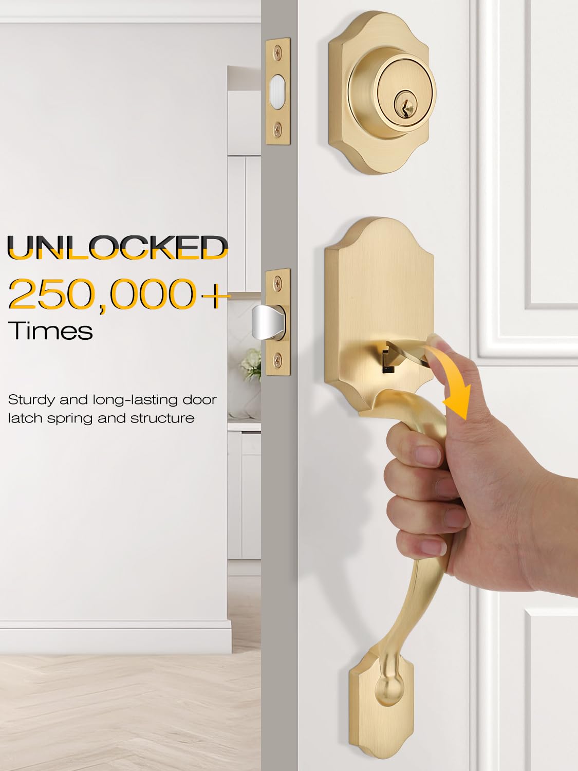 EHOMEWARE 1 Pack Front Door Lock Set, Exterior Door Handle Gold, Entry Door Locksets with Deadbolt, Front Door Handle, Glass Door Knobs, Reversible for Left & Right Doors, Satin Brass Finish