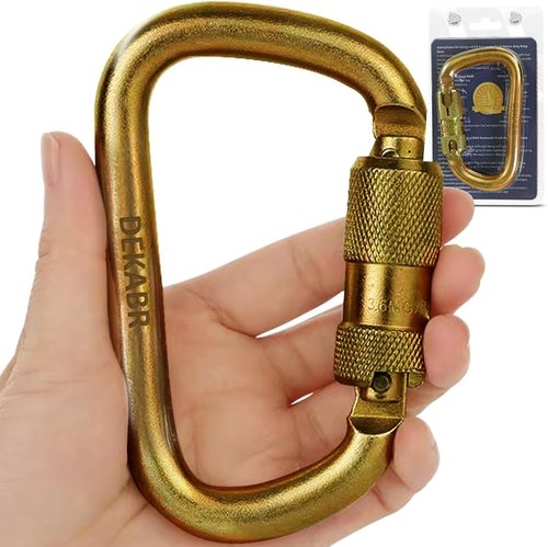 DEKABR Heavy Duty Steel Auto-Locking Climbing Carabiner - 45KN Twist Lock Carabiner for Rock and Tree Climbing, Quick Release, Rescue, and Mountaineering. ANAB Certified, 4.21-inch, Large, Gold