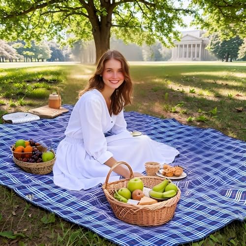 Wind Tour Waterproof Picnic Blanket Set - Foldable Sandproof Outdoor Mat for Camping Beach Park, 59x71 inches, Navy Blue, Includes 2 Mats