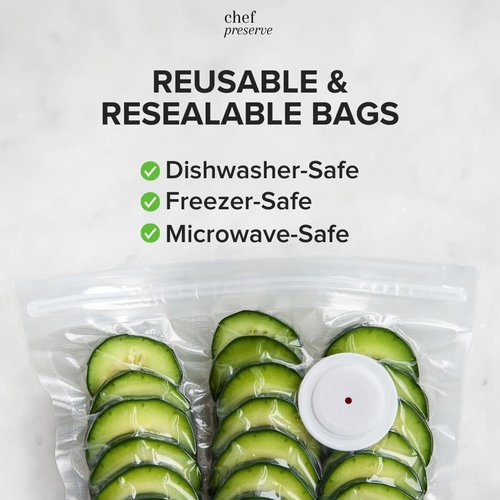 Chef Preserve Reusable Vacuum Sealer Bags - 30 Large BPA-Free Food Storage Bags (12 x 13 in) | Odor-Resistant & Leak-Proof