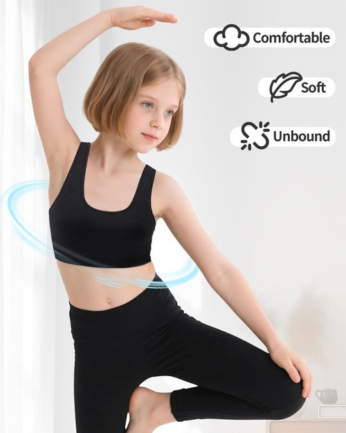 iMucci Sports Bra for Girls U-Shaped Training Bra with Removable Pads Scoop Neck for Teens Kids Yoga Sports Dance Bra Black