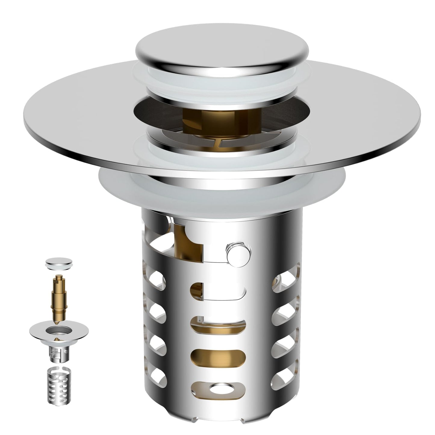 Universal Metal Bathroom Sink Drain Strainer Hair Catcher Upgraded 3 in 1 Pop-up Sink Stopper, with Detachable Stainless Steel Filter Basket, Fit for Standard 1.1''~2.36'' Basin Hole, Chrome