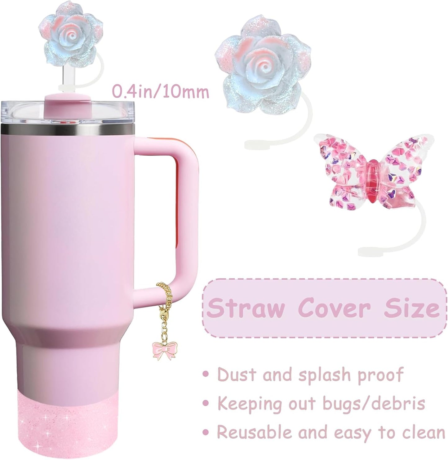 Stanley Cup Accessories Set - 2 Straw Covers, Silicone Stopper & Cute Charm | Fits 40 & 30 Oz Tumblers (Peony 2.0)
