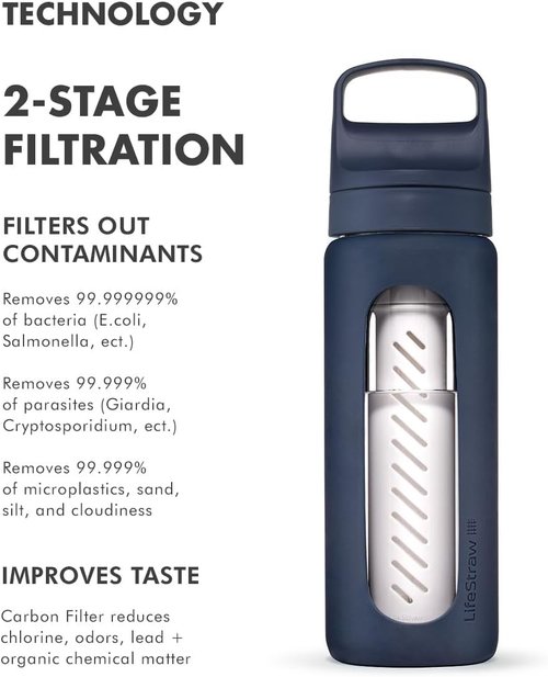 LifeStraw Go Series - Hand-Blown Glass Water Filter Bottle with Silicone Sleeve | 20oz, Aegean Sea