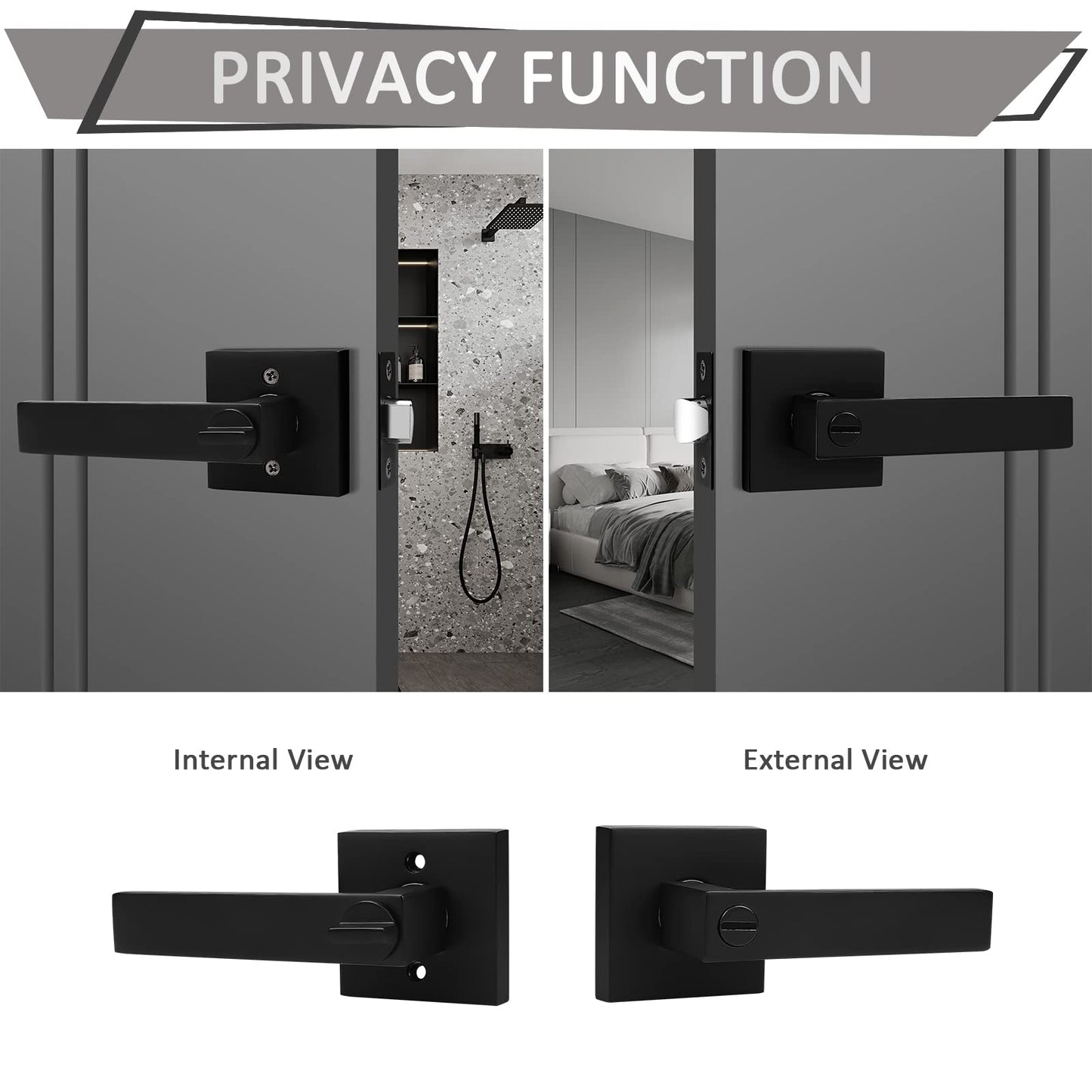 Probrico 4 Pack Square Privacy Door Levers Black Privacy Door Handles Lock Handleset Keyless Lockset Door Knobs Interior Handles for Bedroom & Bathroom