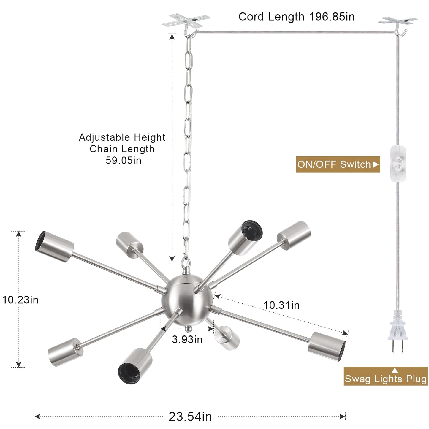 LJHhowe Plug in Chandelier 8 Lights Pendant Light Hanging Lights Fixture Ceiling with Plug in Cord 16.4ft & On/Off Switch Brushed Nickel Sputnik Chandelier for Dining Living Room Kitchen Foyer
