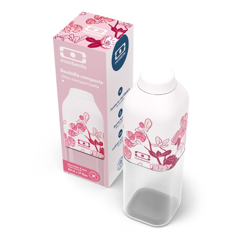 monbento - Clear Reusable Water Bottle MB Positive M graphic Magnolia - 17 floz Compact, Leakproof BPA Free Water Bottle Perfect for Work, Travel, Sport, Picnic - - Pink Flowers