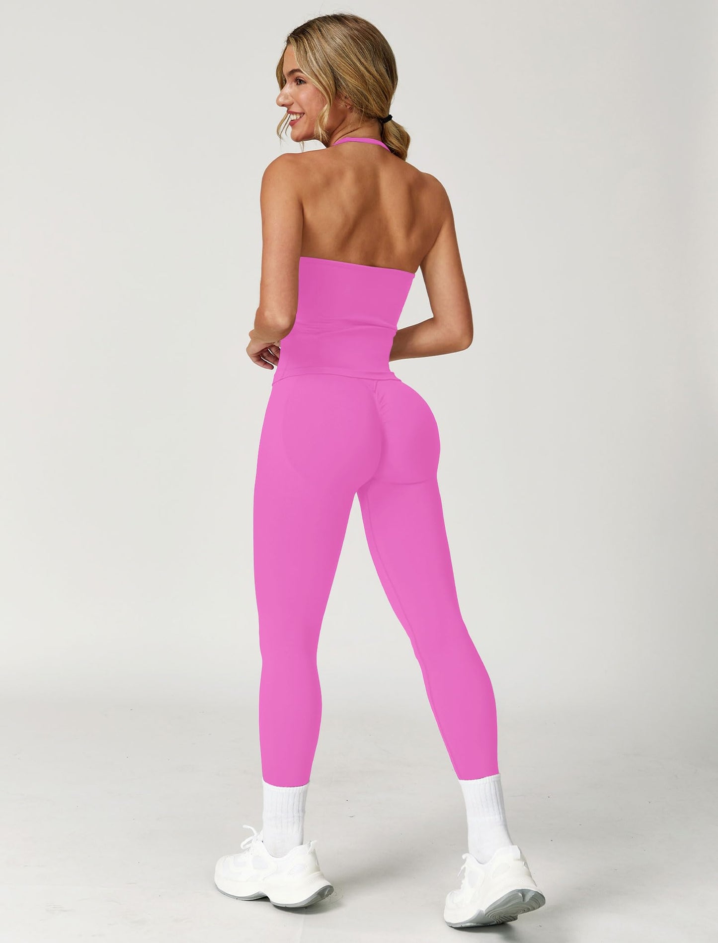ABOCIW Two Piece Workout Sets for Women Seamless Impact Longline Strappy Top Halter Sports Bra Scrunch Butt Lifting High Waist Leggings Gym Yoga Athletic Set Hot Pink Medium