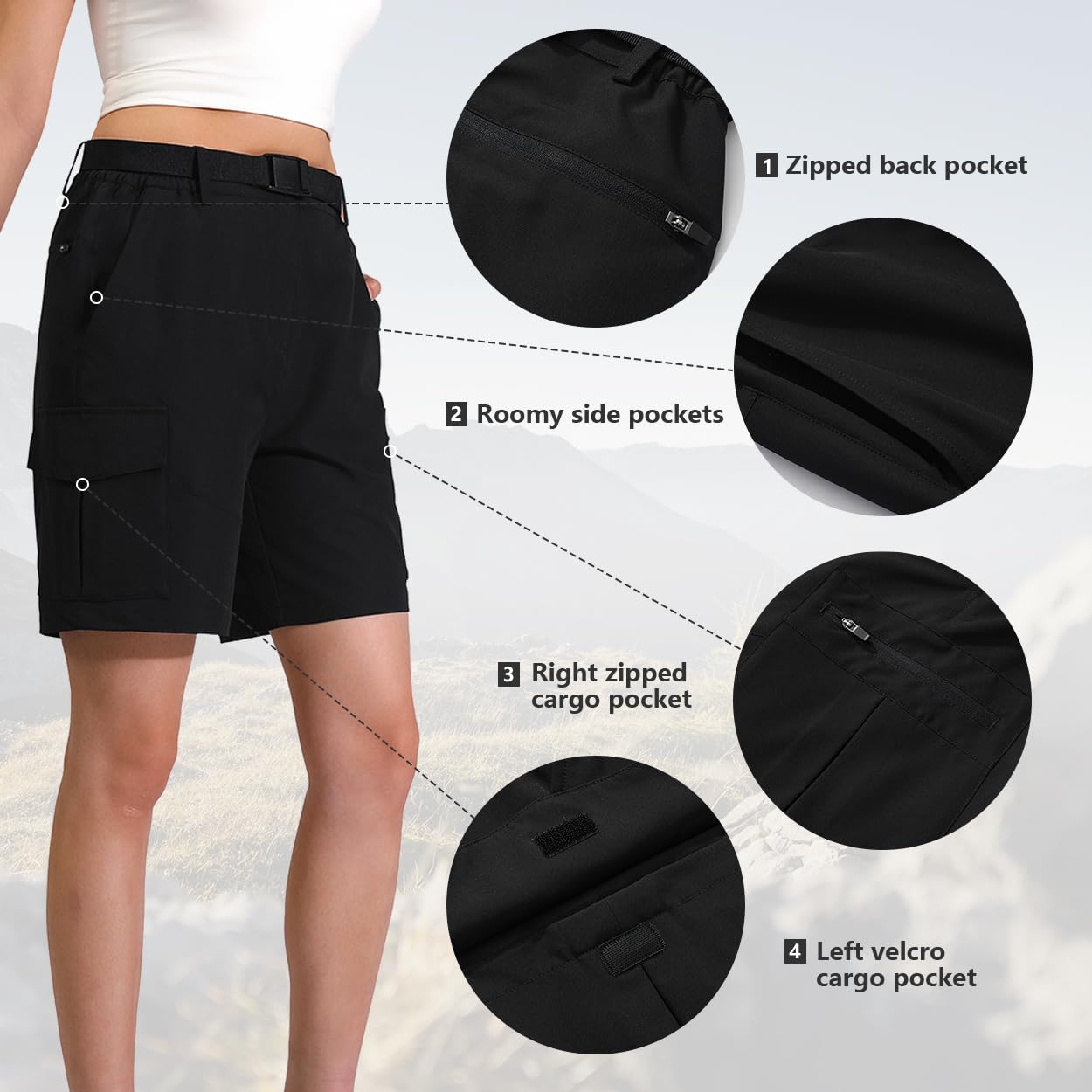 RIMOHX Women's 7'' Hiking Cargo Shorts with Multiple Pockets Lightweight Quick Dry Athletic Outdoor Golf Casual Summer Shorts Black