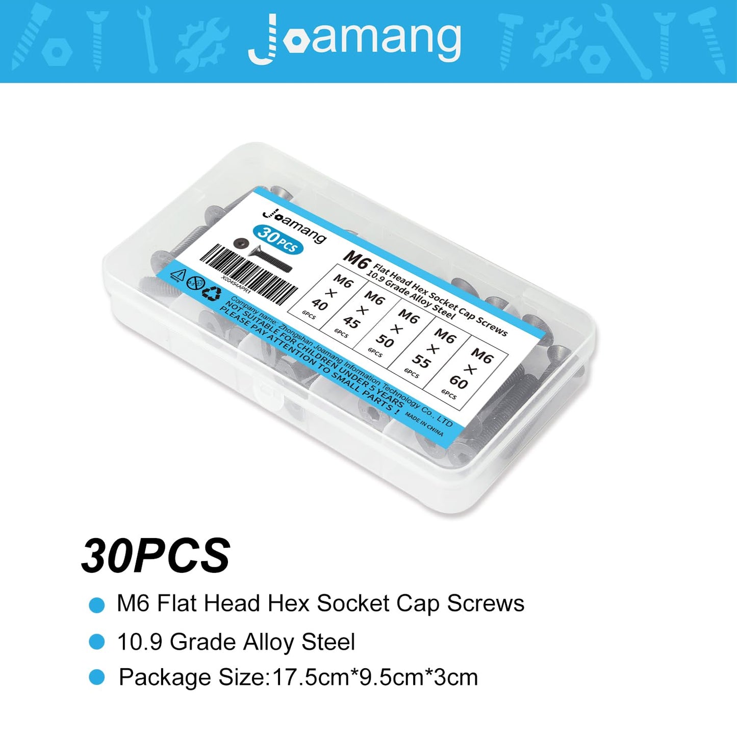 Joamang M6 x 40mm 45mm 50mm 55mm 60mm Flat Head Hex Socket Cap Screws Countersunk Bolts, 10.9 Grade Alloy Steel, Black Oxide Finish, Metric Allen Drive, Fully Threaded, Assortment Kit 30Pcs