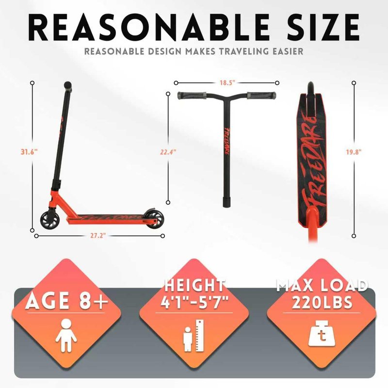 FREEDARE Pro Stunt Scooter for Kids & Teens 8 Years Old Above, Intermediate Riders, 110mm PU Wheels, Freestyle Kick Scooter for Tricks, Orange