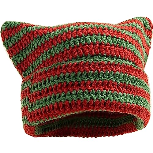 Crochet Cat Ear Beanie - Red & Green Striped Knit Grunge Hat