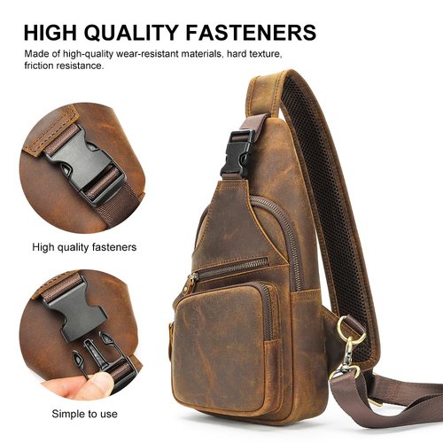 NIUCUNZH Genuine Leather Sling Bag Front Metal-Latch Crossbody Bags Handmade Vintage Chest Shoulder Backpack for Women Men Crazy Horse